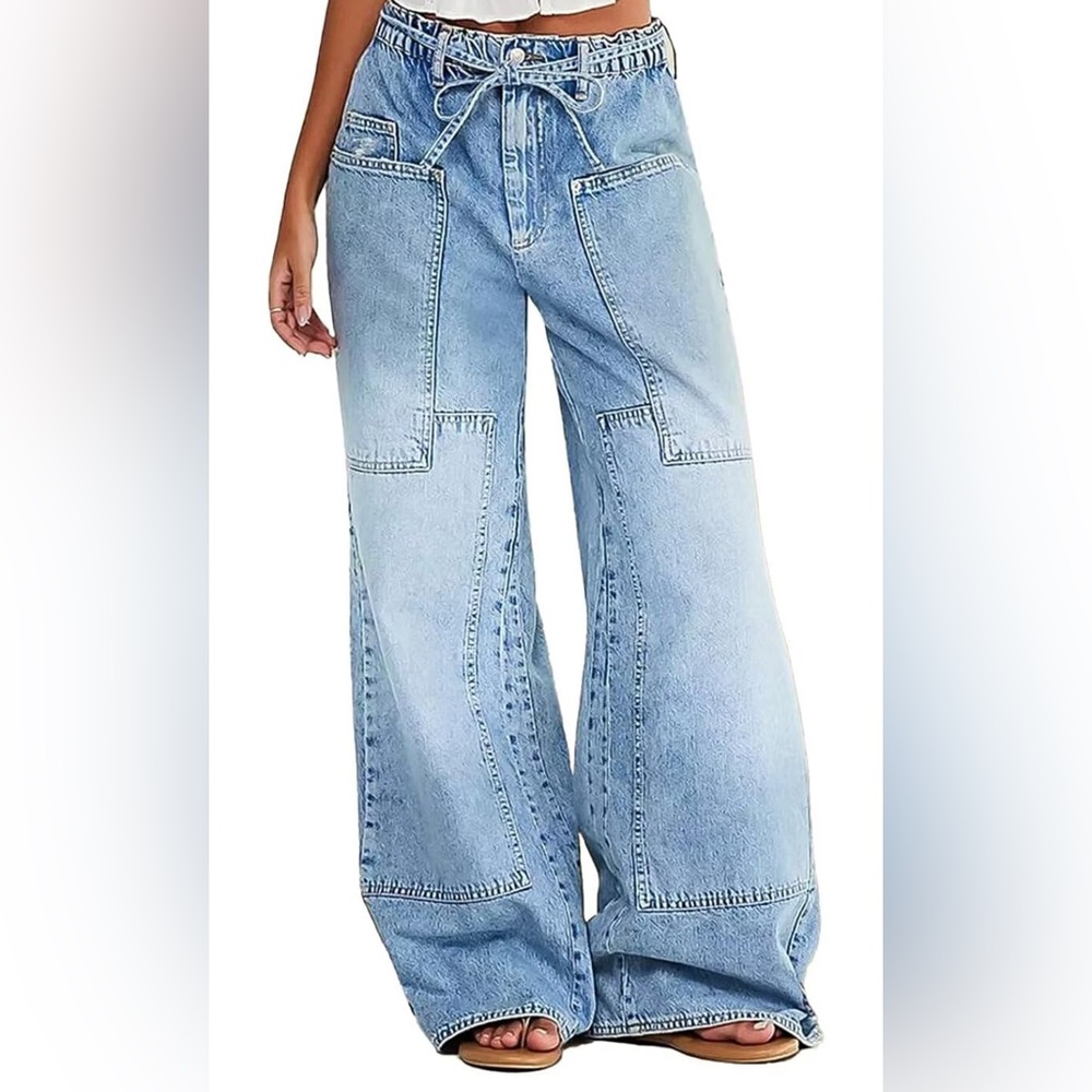 Flamingals Wide Leg Jeans for Women Drawsting Mid Waist Baggy Jeans